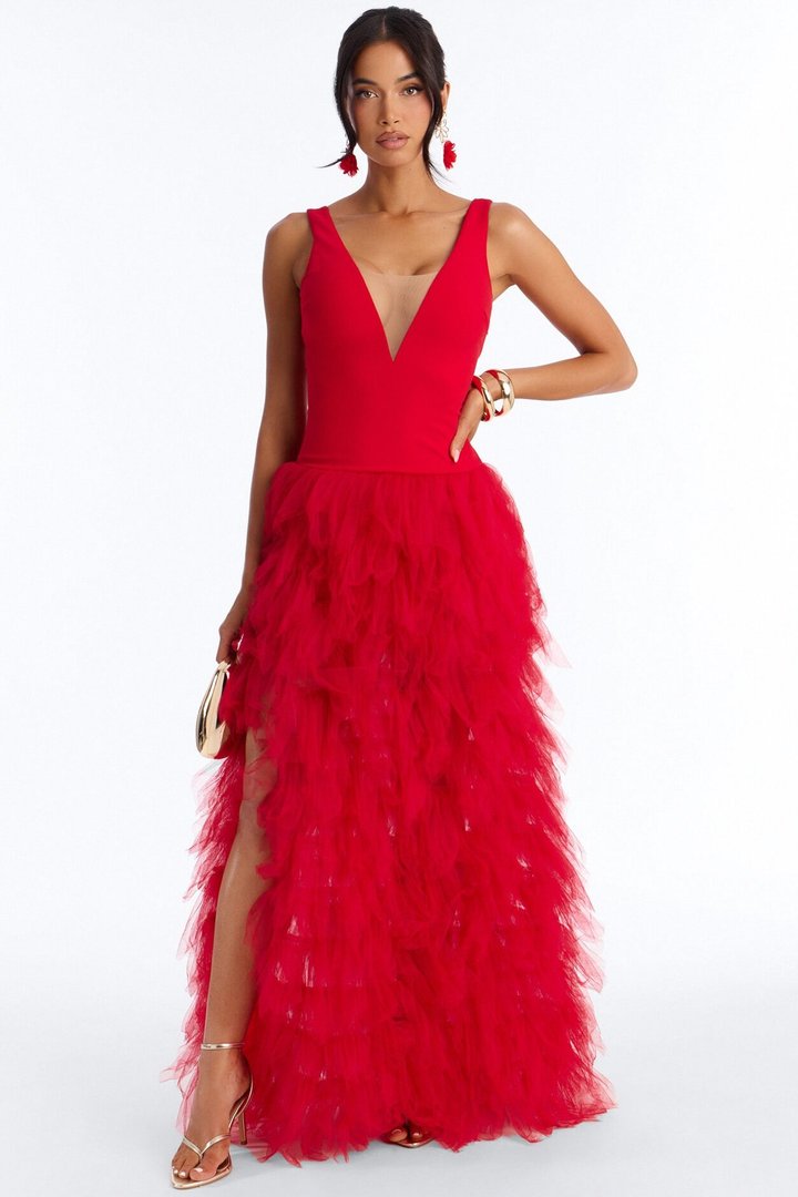 Madame Slays Ruffle Gown - Red