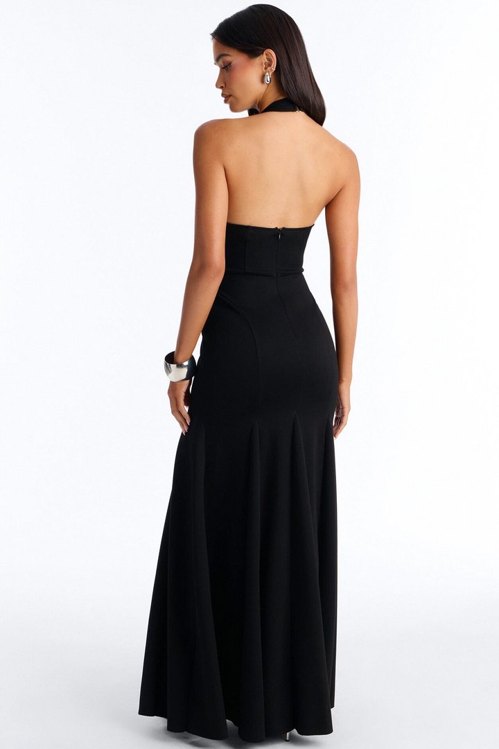 Yelena Halter Crepe Gown - Black