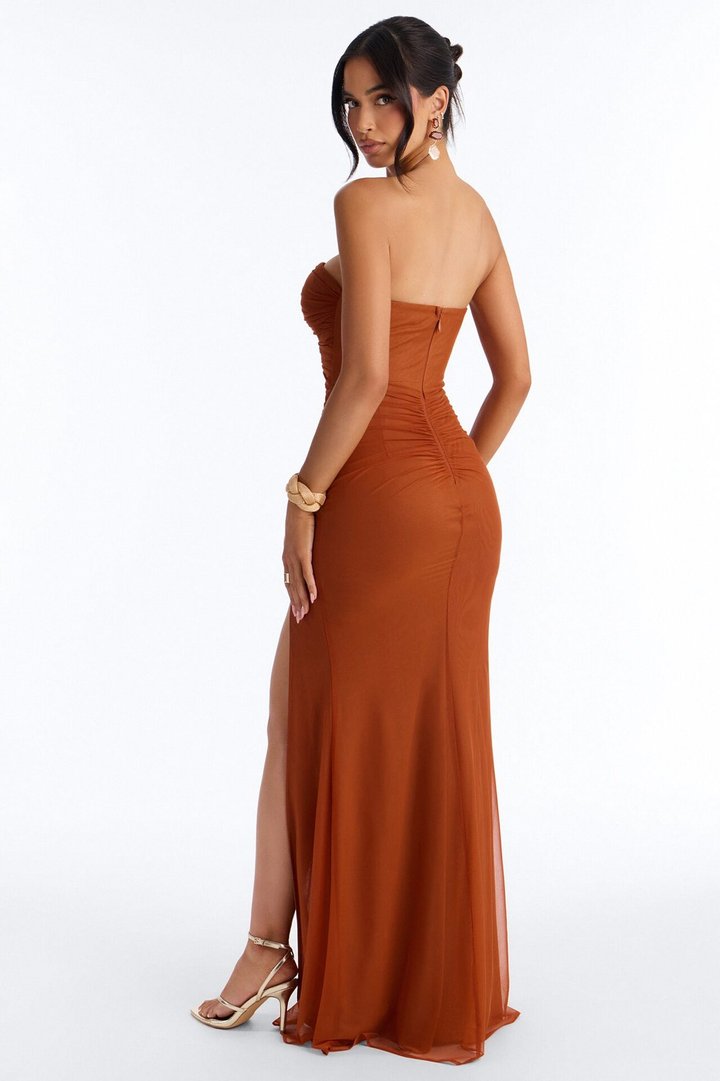 Champagne Wishes Ruched Mesh Gown - Cognac