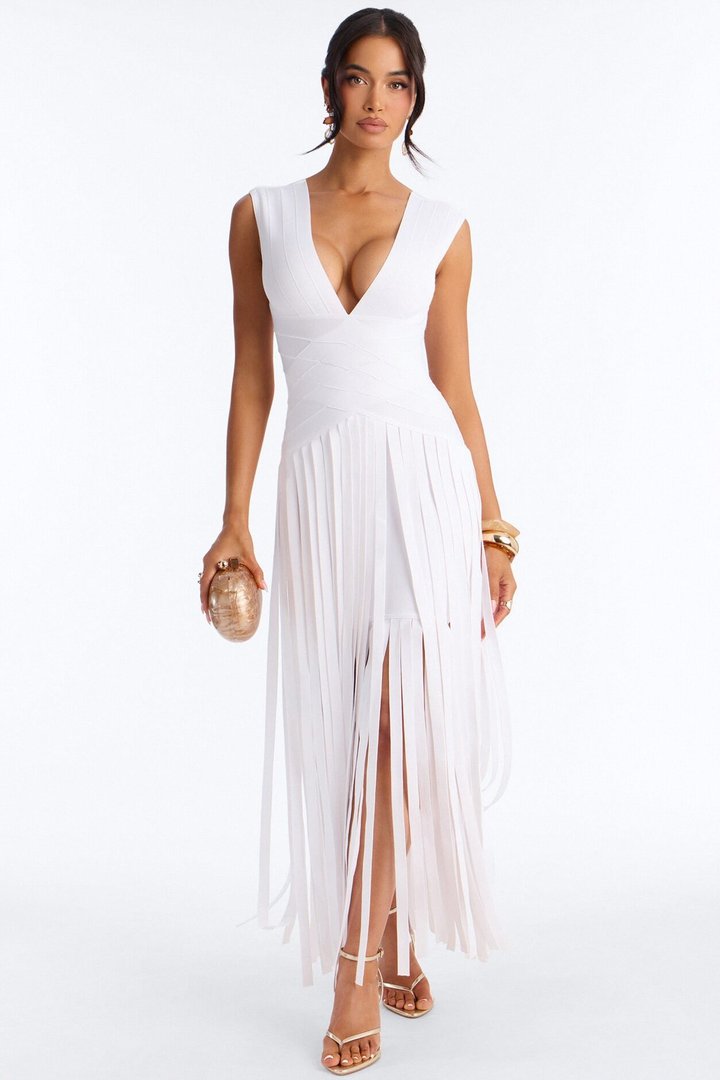 Alliana Bandage Fringe Maxi Dress - White