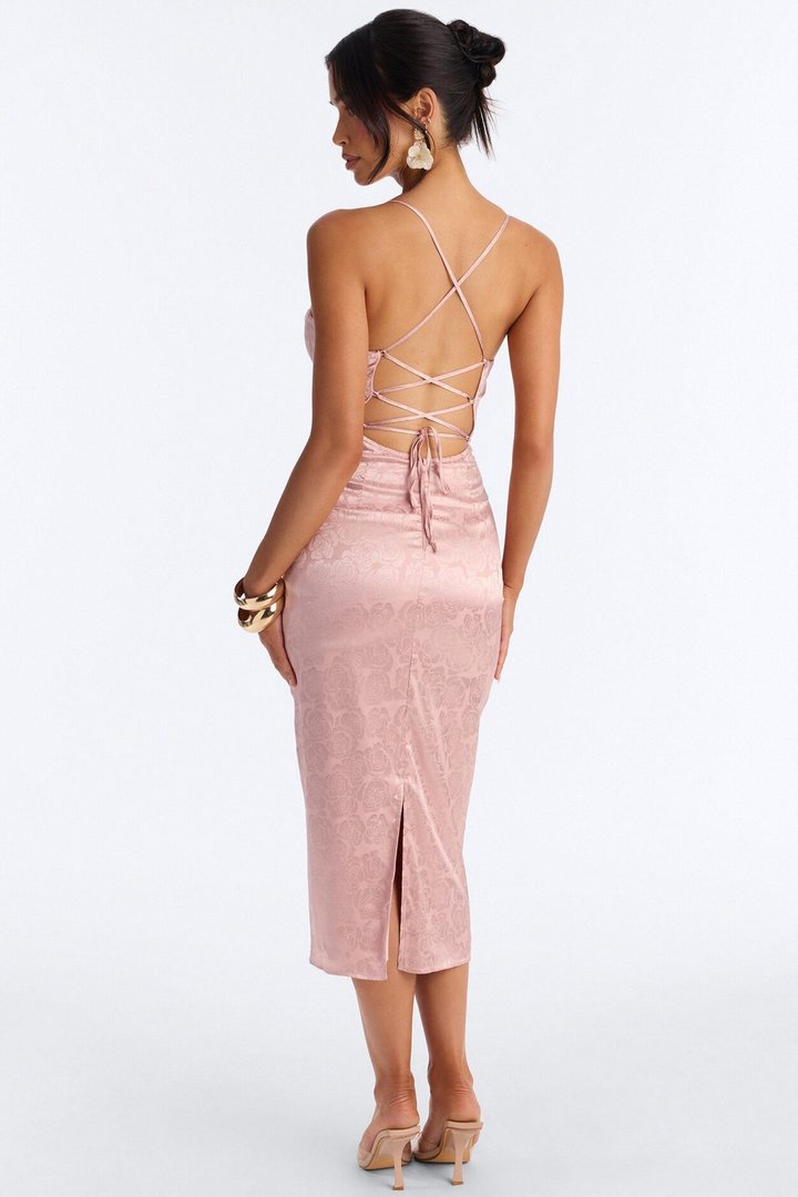 Tara Corset Floral Satin Midi Dress - Mauve
