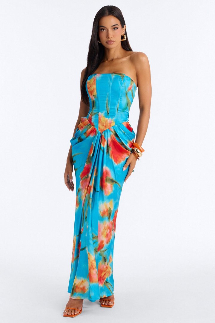Nylah Corset Tie Dye Satin Maxi Dress - Blue/combo