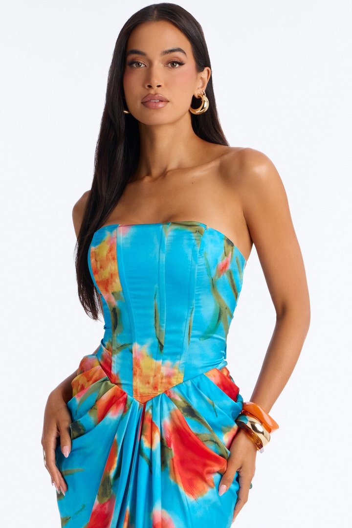 Nylah Corset Tie Dye Satin Maxi Dress - Blue/combo
