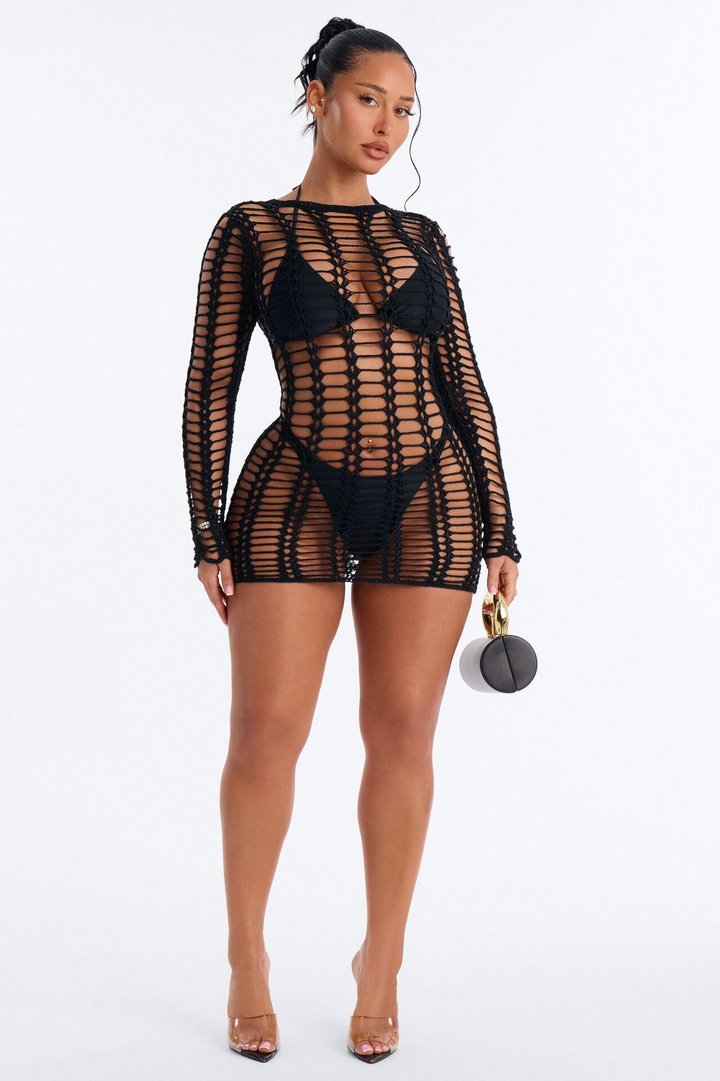 Beach Bound Crochet Long Sleeve Mini Cover Up Dress - Black