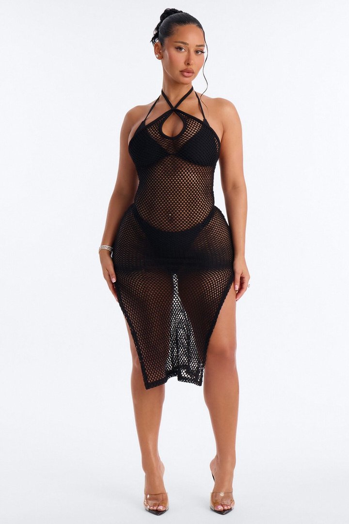 Tans And More Crochet Keyhole Midi Swim Cover Up Dress - Black