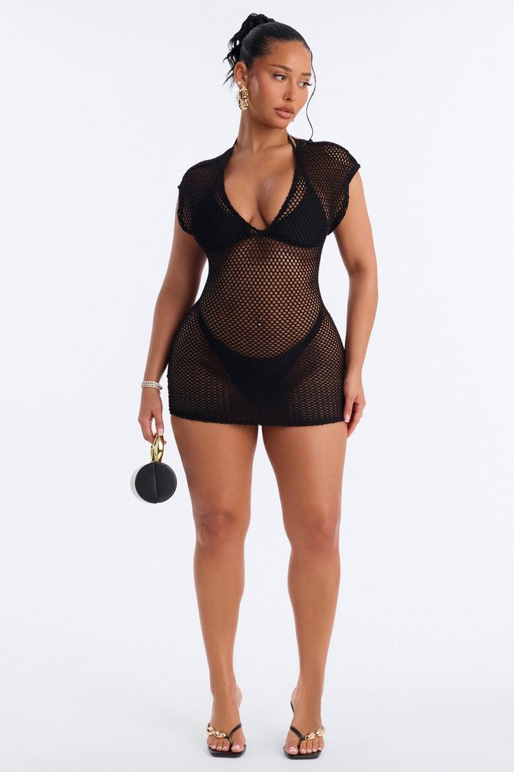 Heat Struck Short Sleeve Mini Swim Cover Up Dress - Black