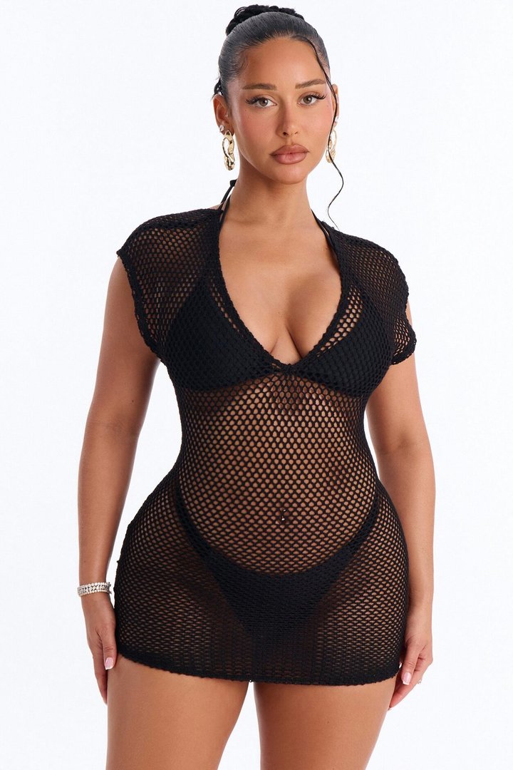 Heat Struck Short Sleeve Mini Swim Cover Up Dress - Black