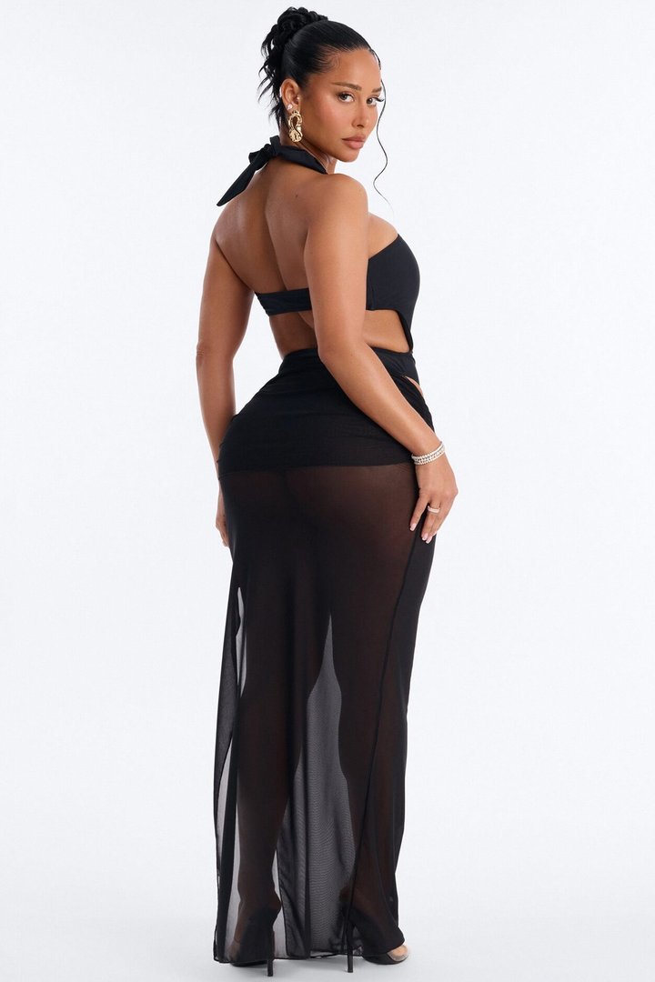 Biayna 1 Piece Halter Cut Out Swimsuit & Cover Up Maxi Skirt Set - Black