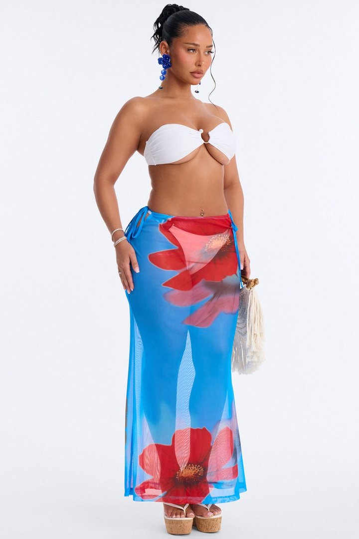 Blue Lagoon Floral Mesh Cover Up Skirt - Blue/combo