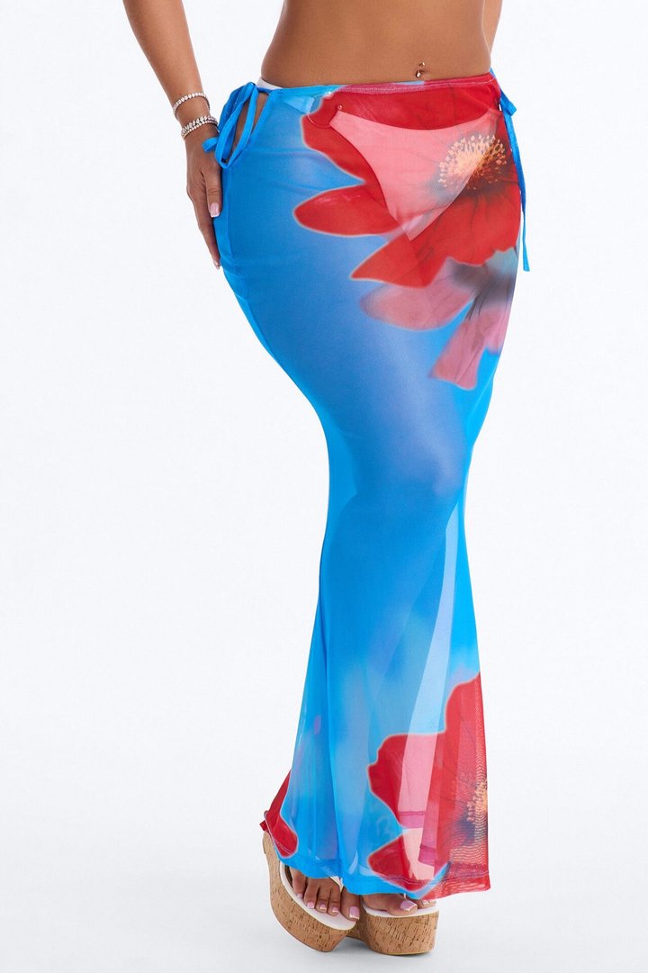 Blue Lagoon Floral Mesh Cover Up Skirt - Blue/combo