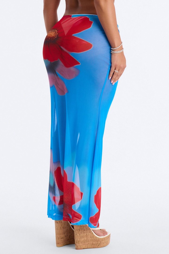 Blue Lagoon Floral Mesh Cover Up Skirt - Blue/combo