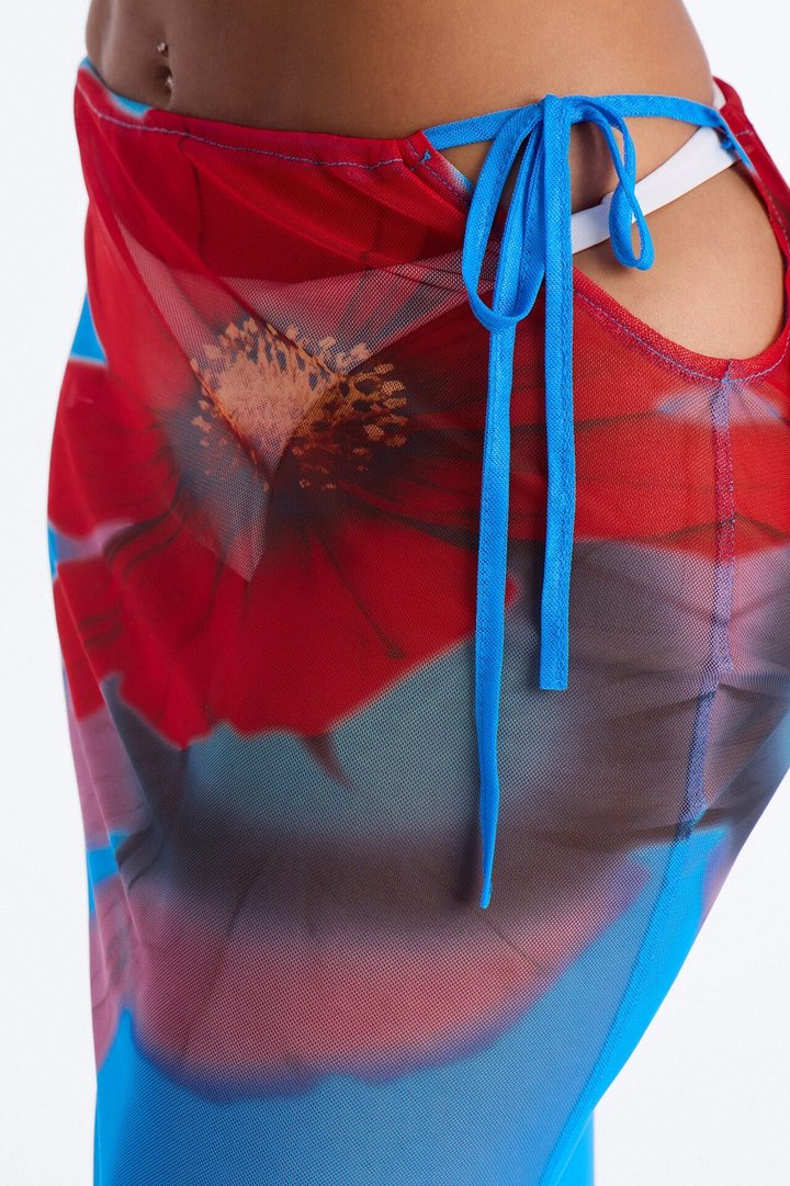 Blue Lagoon Floral Mesh Cover Up Skirt - Blue/combo