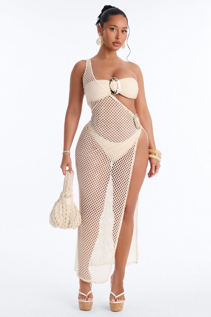 Sunsets Crochet 3 Piece Strapless Bikini & One Shoulder High Slit Cover Up Dress Sunsuit - Cream