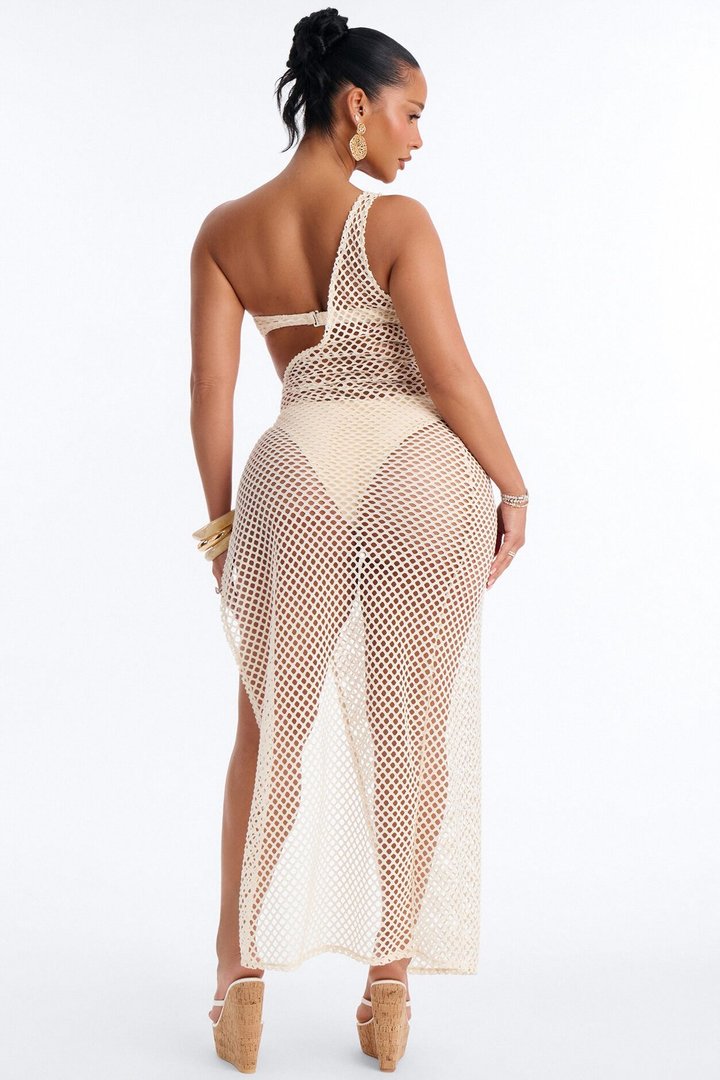 Sunsets Crochet 3 Piece Strapless Bikini & One Shoulder High Slit Cover Up Dress Sunsuit - Cream