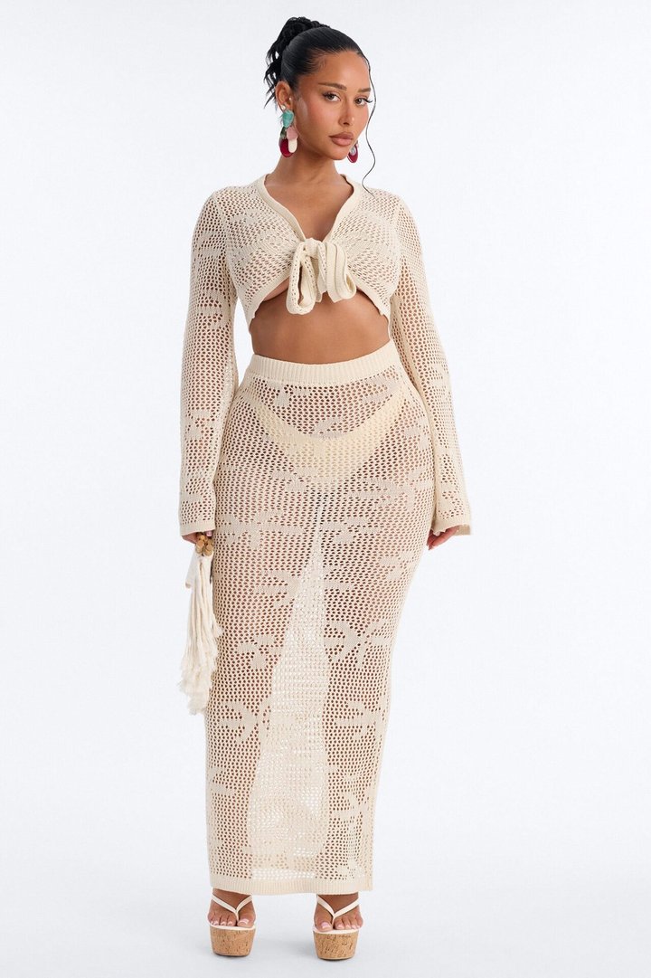 Paige Crochet 2 Piece Floral Swim Cover Up Set - Cream