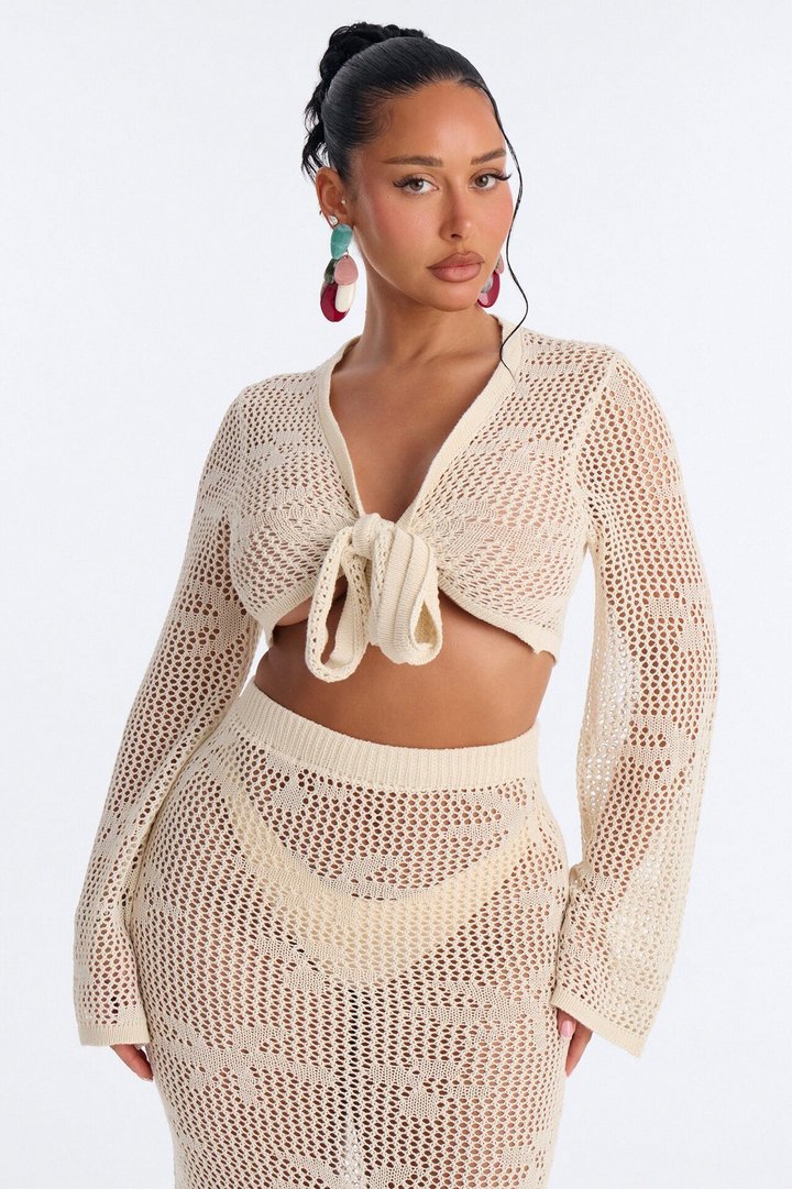 Paige Crochet 2 Piece Floral Swim Cover Up Set - Cream
