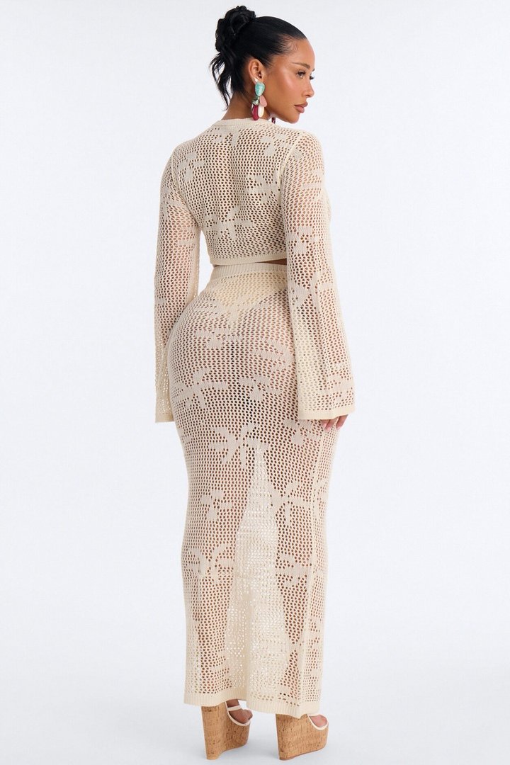 Paige Crochet 2 Piece Floral Swim Cover Up Set - Cream
