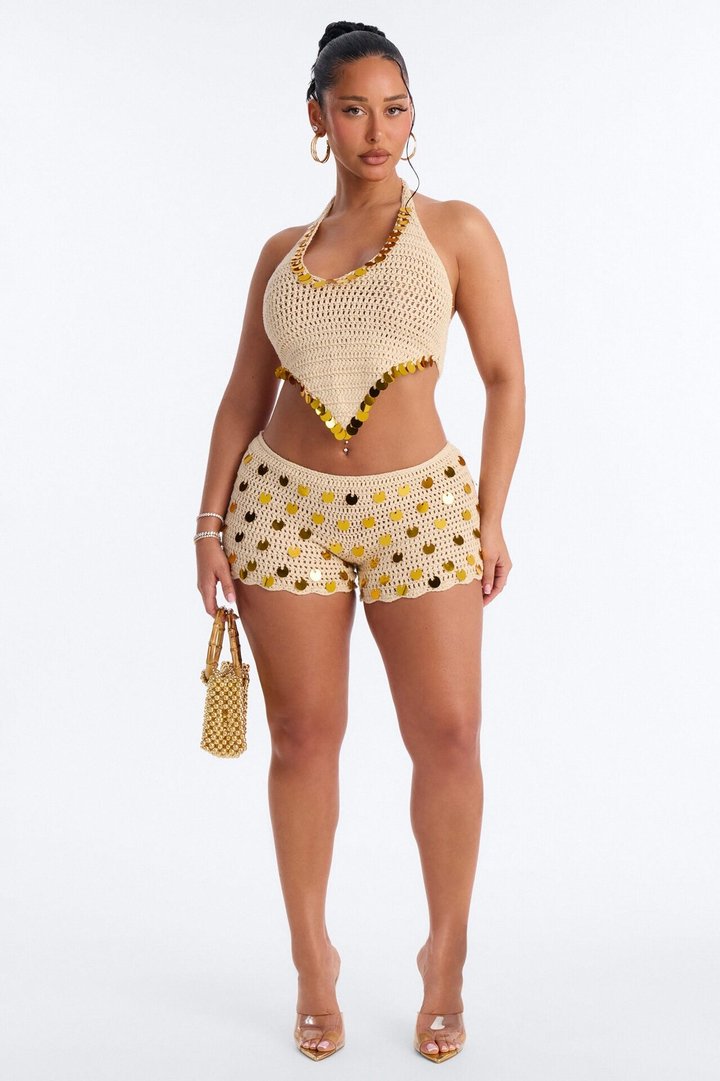 Meadow Crochet 2 Piece Embellished Halter Swim Cover Up & Short Set - Cream