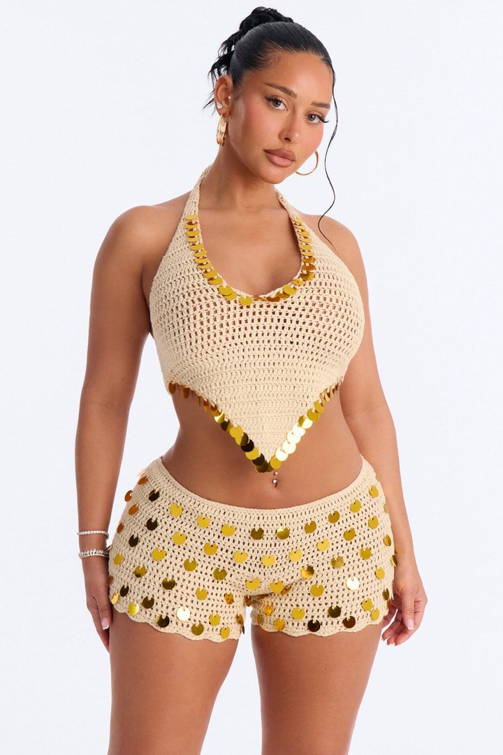 Meadow Crochet 2 Piece Embellished Halter Swim Cover Up & Short Set - Cream