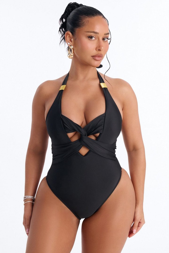 Sand Castle Twisted Cut Out Hardware 1 Piece Swimsuit - Black