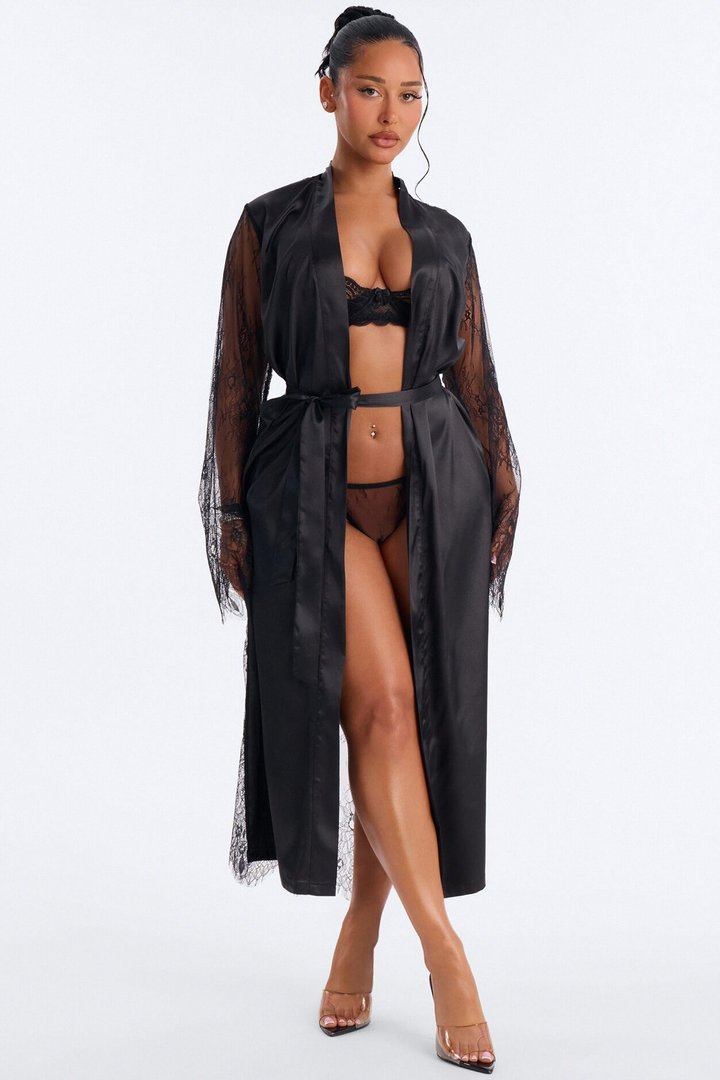 Grace Satin Lace Back Robe - Black
