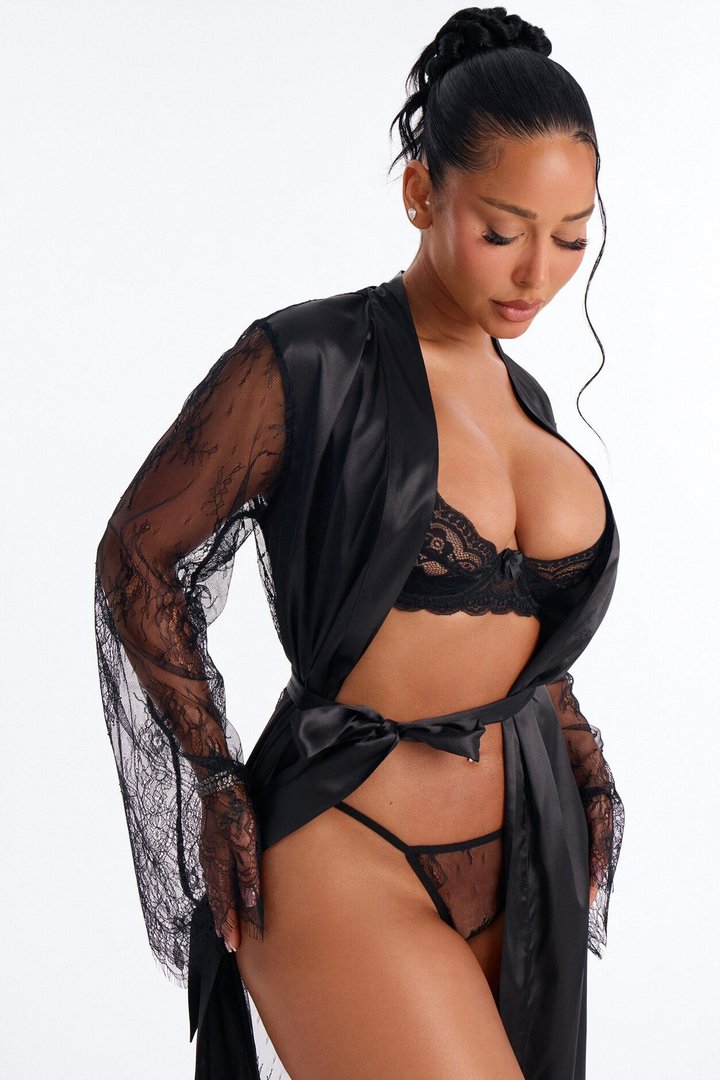 Grace Satin Lace Back Robe - Black
