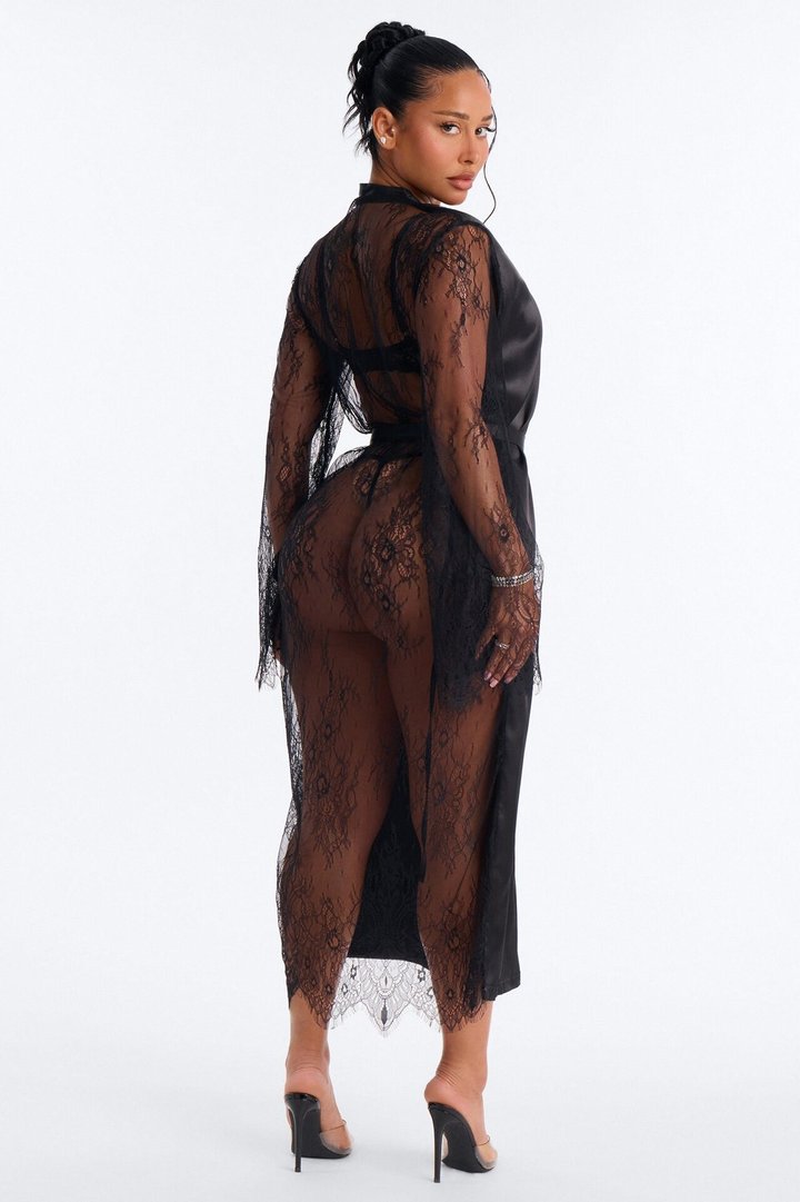 Grace Satin Lace Back Robe - Black