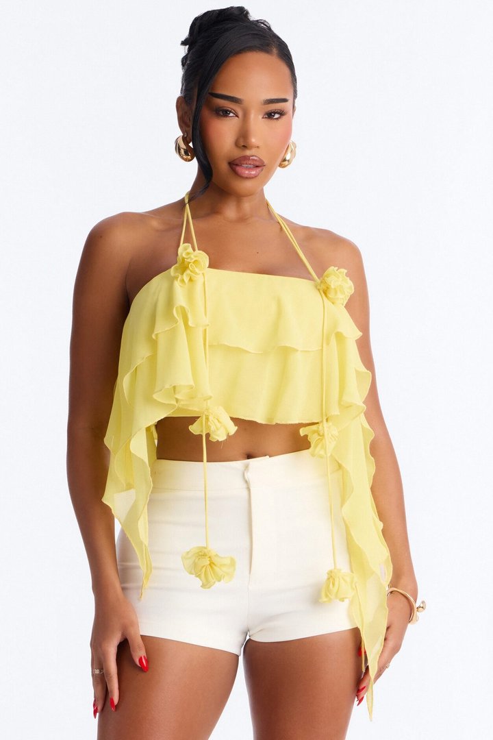 Freshly Picked Rosette Chiffon Halter Top - Butter Yellow