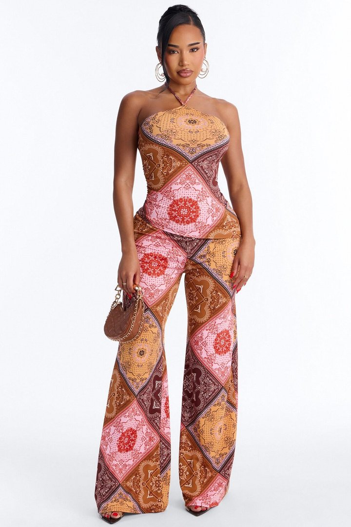 Heather Bandana Print Halter Pant Set - Pink/combo