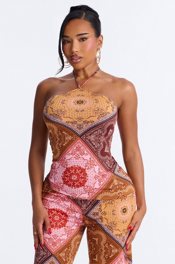 Heather Bandana Print Halter Pant Set - Pink/combo