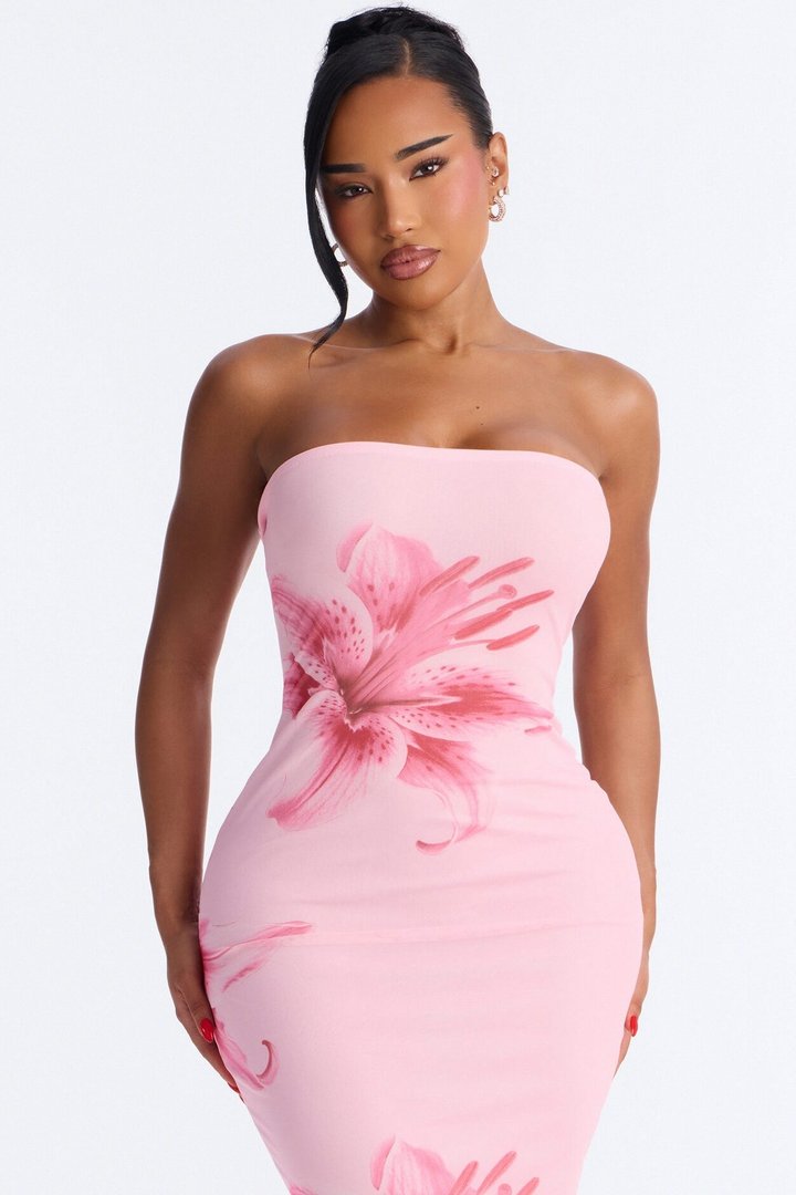 Elara Printed Mesh Midi Dress - Pink