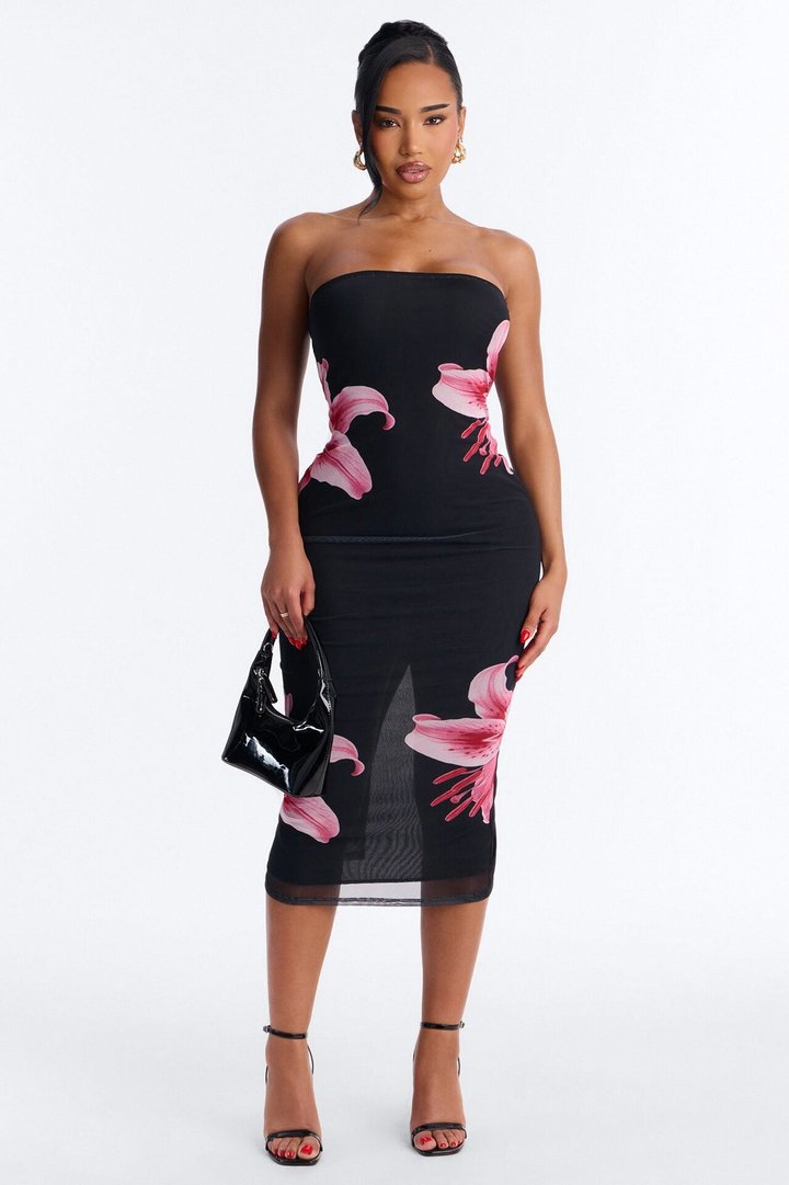 Elara Printed Mesh Midi Dress - Black/Pink