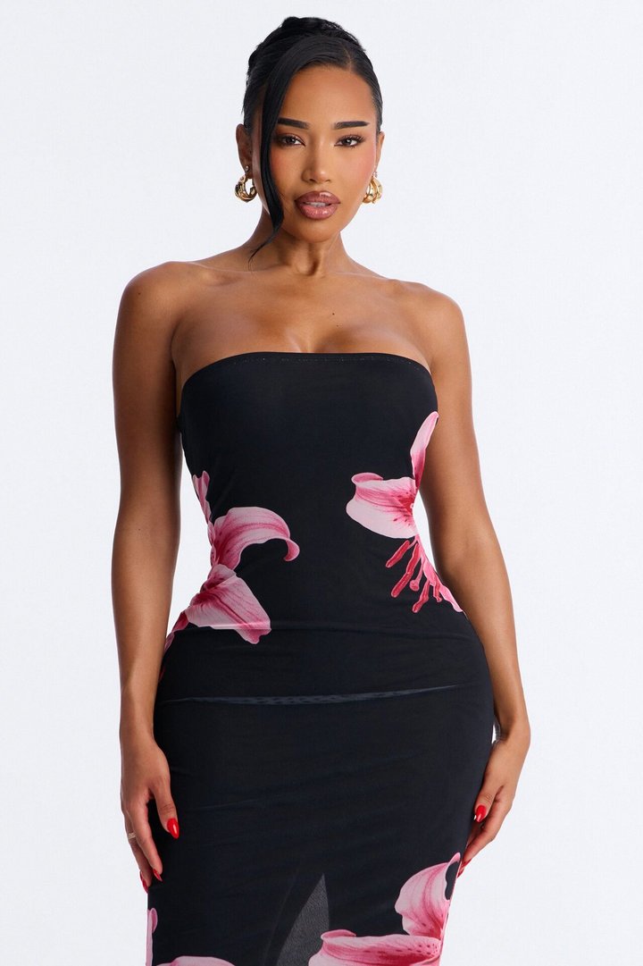 Elara Printed Mesh Midi Dress - Black/Pink