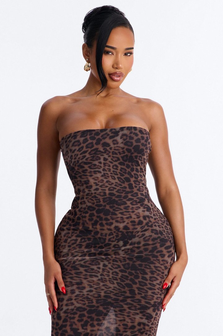 Elara Printed Mesh Midi Dress - Leopard