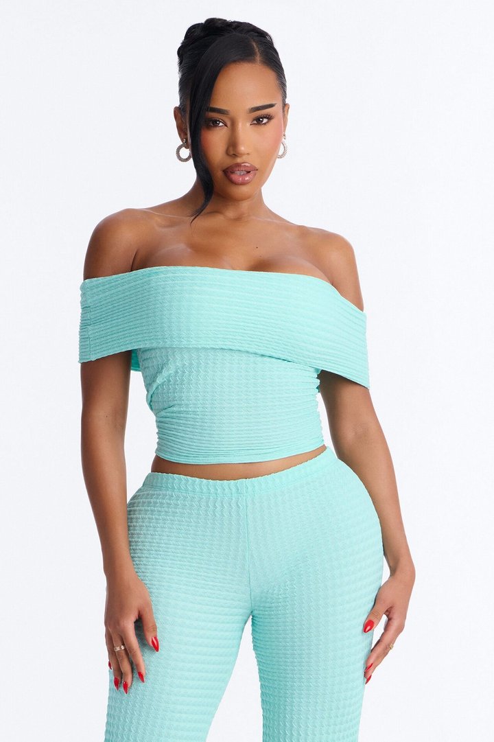 Nicole Textured Off Shoulder Pant Set - Aqua