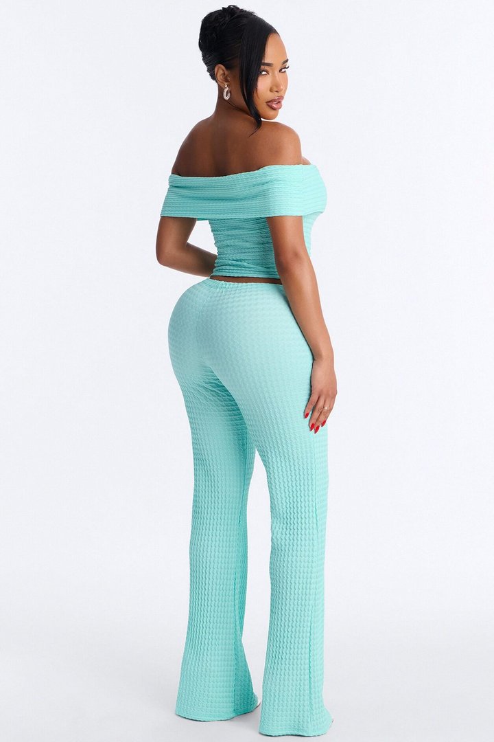Nicole Textured Off Shoulder Pant Set - Aqua