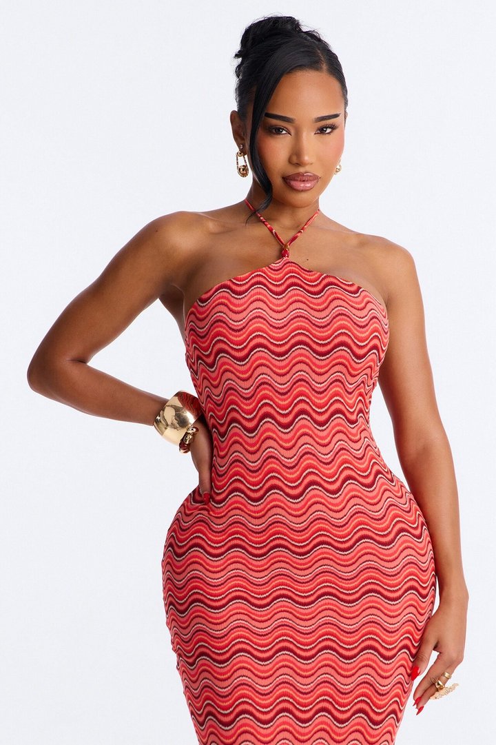 Naomi Chevron Crochet Midi Dress - Pink/combo