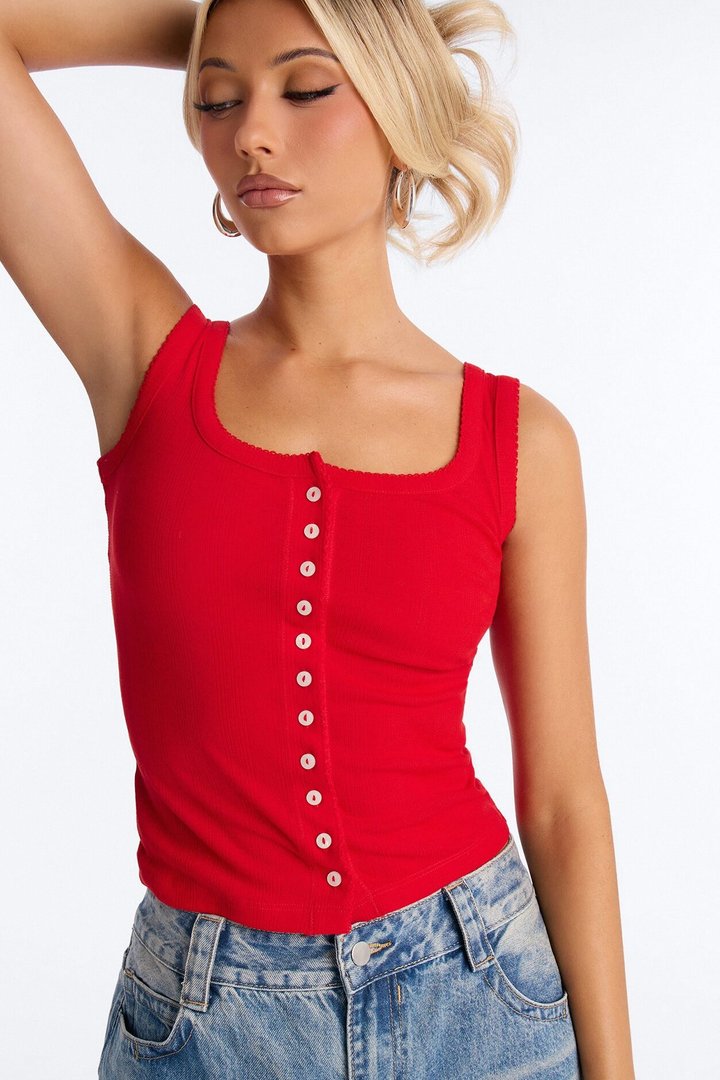 Pointelle Button Front Scoop Neck Tank Top - Red