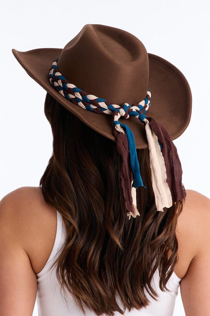 Frontier Bound Faux Suede Braided Cowboy Hat - Dark Brown
