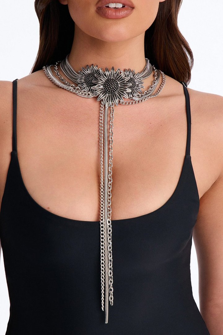 Meadow Sunflower Lariat Layered Neckalce - Silver