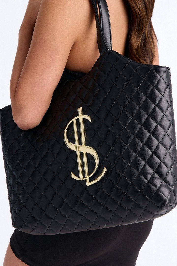 In Big Action Faux Leather Tote And Pouch - Black