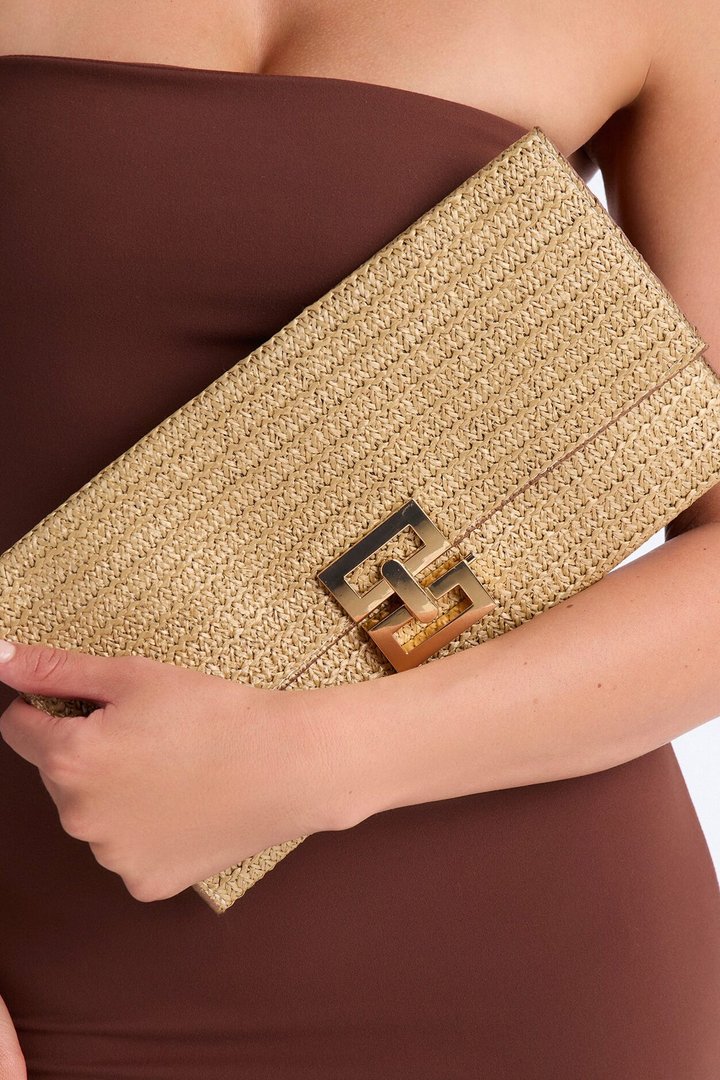 Dinner On The Beach Straw Clutch - Natural