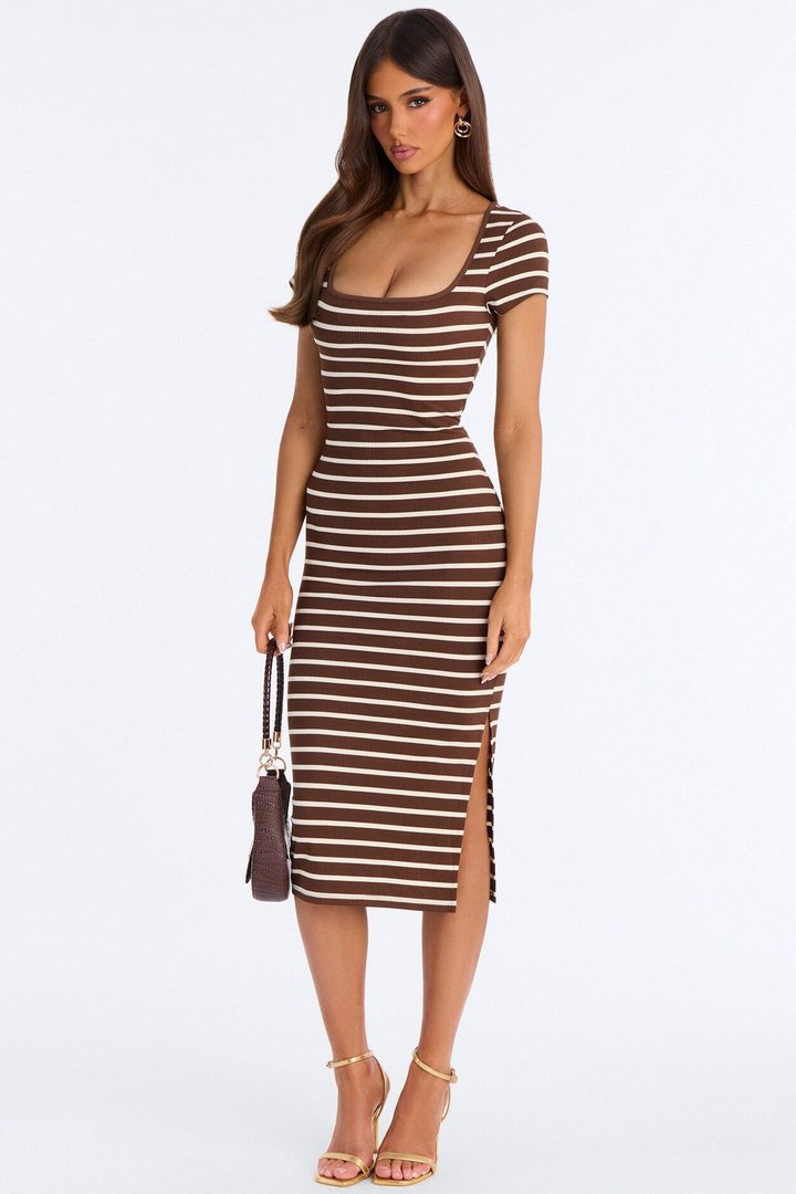Emma Short Sleeve Striped Midi Dress - Brown/combo