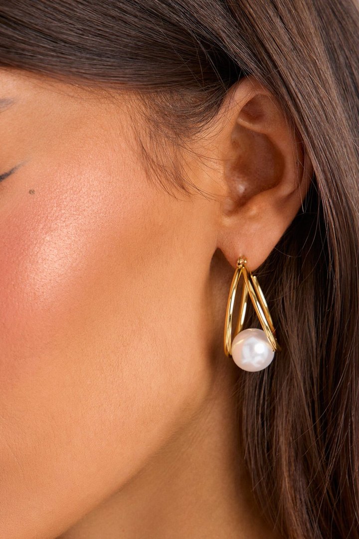 Pearl Drop Hoop Earrings - Gold