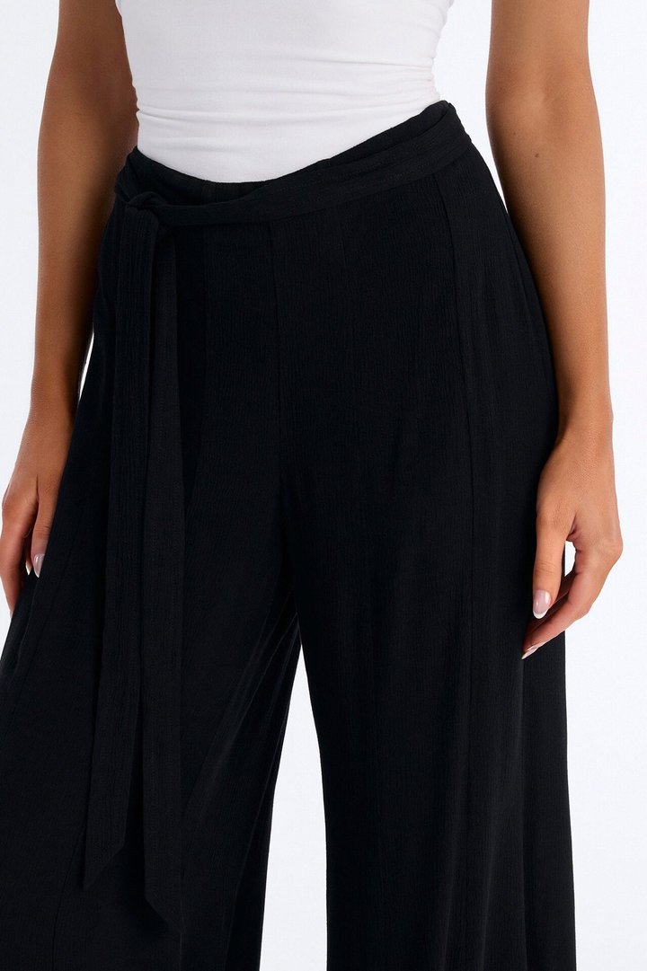 Kelsey Mid Rise Tie Waist Flowy Wide Leg Pant 34″ - Black