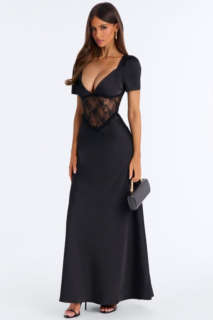 Lace Daydream Satin Maxi Dress - Black