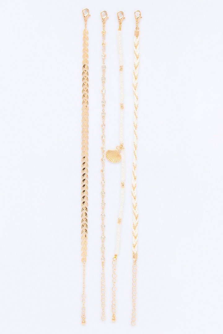 Calm And Collected 4 Piece Anklet Set - White/Gold