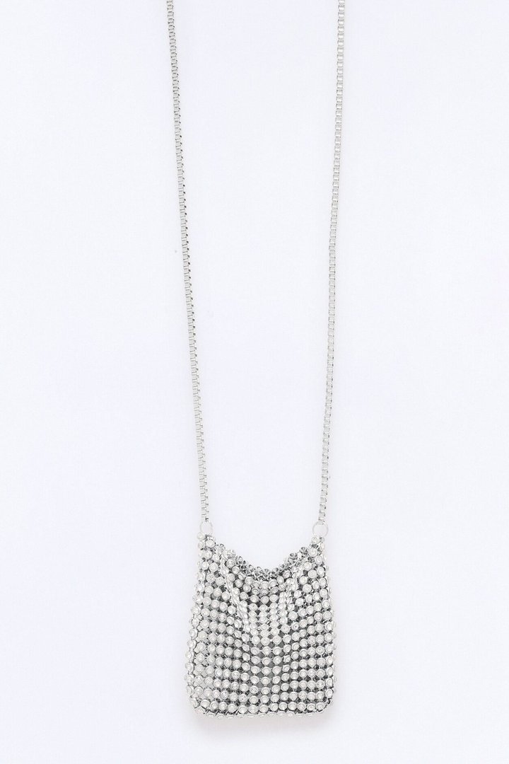 Pocket Full Of Rhinestone Handbag Necklace - Silver