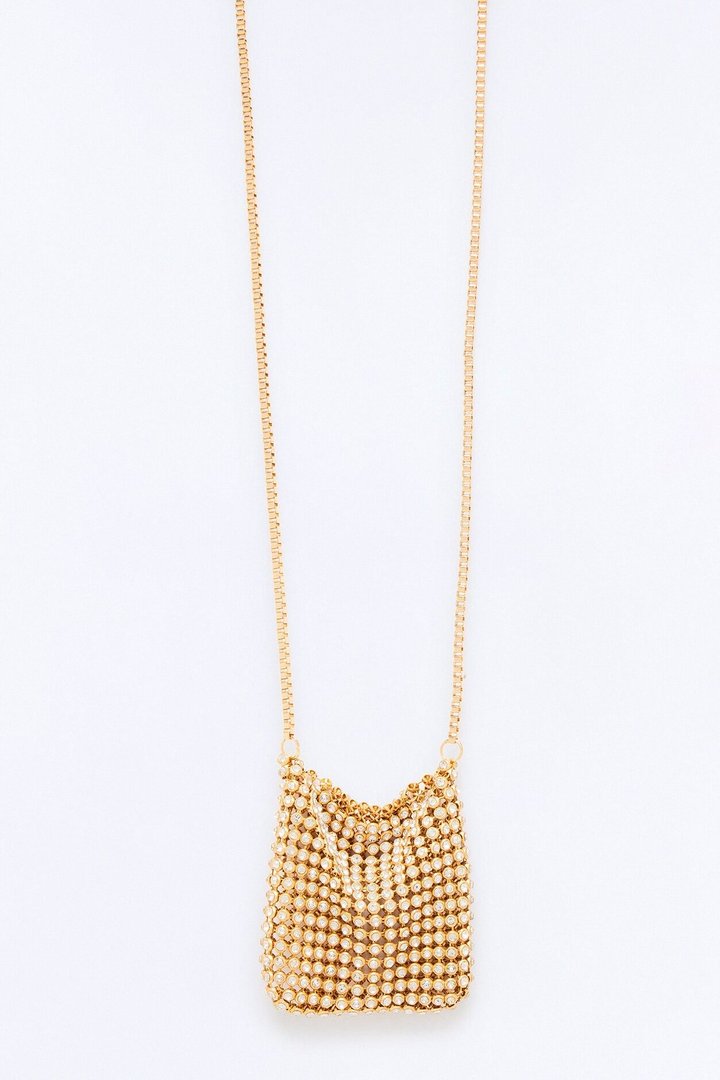 Pocket Full Of Rhinestone Handbag Necklace - Gold