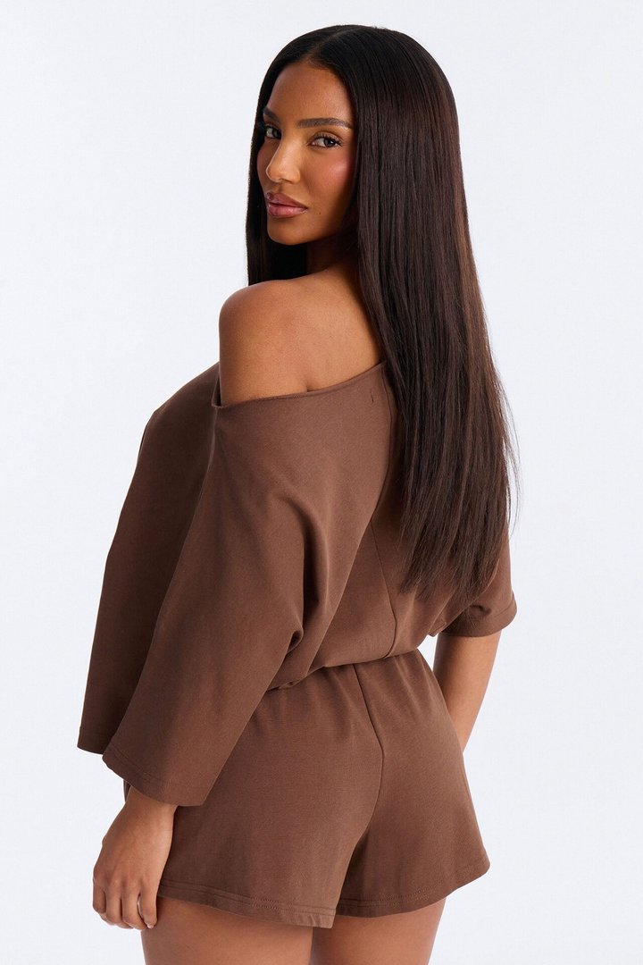 Sunday Dream Cotton Off Shoulder Romper - Chocolate